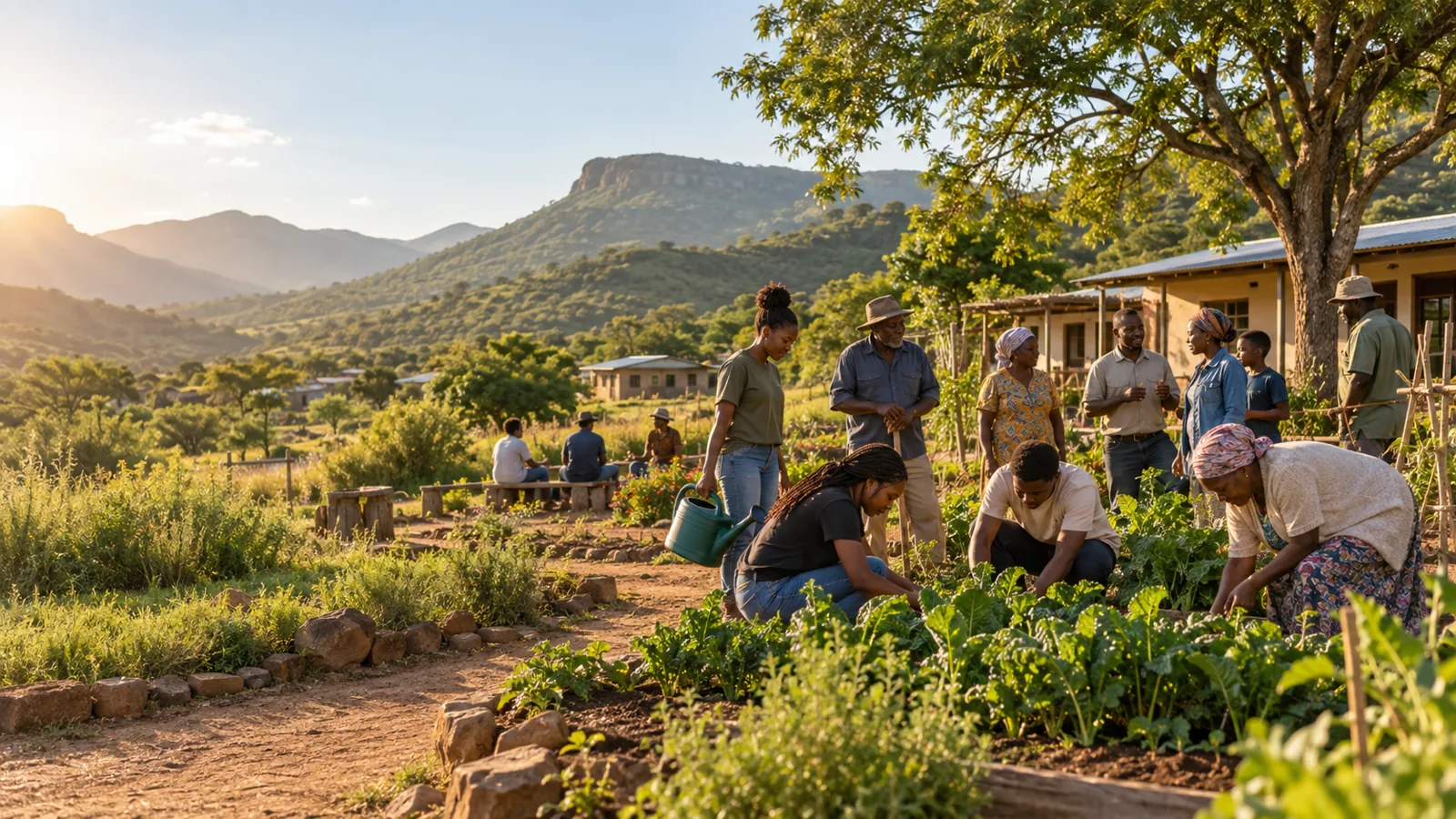 An illustrative community garden scene in a rural South African landscape